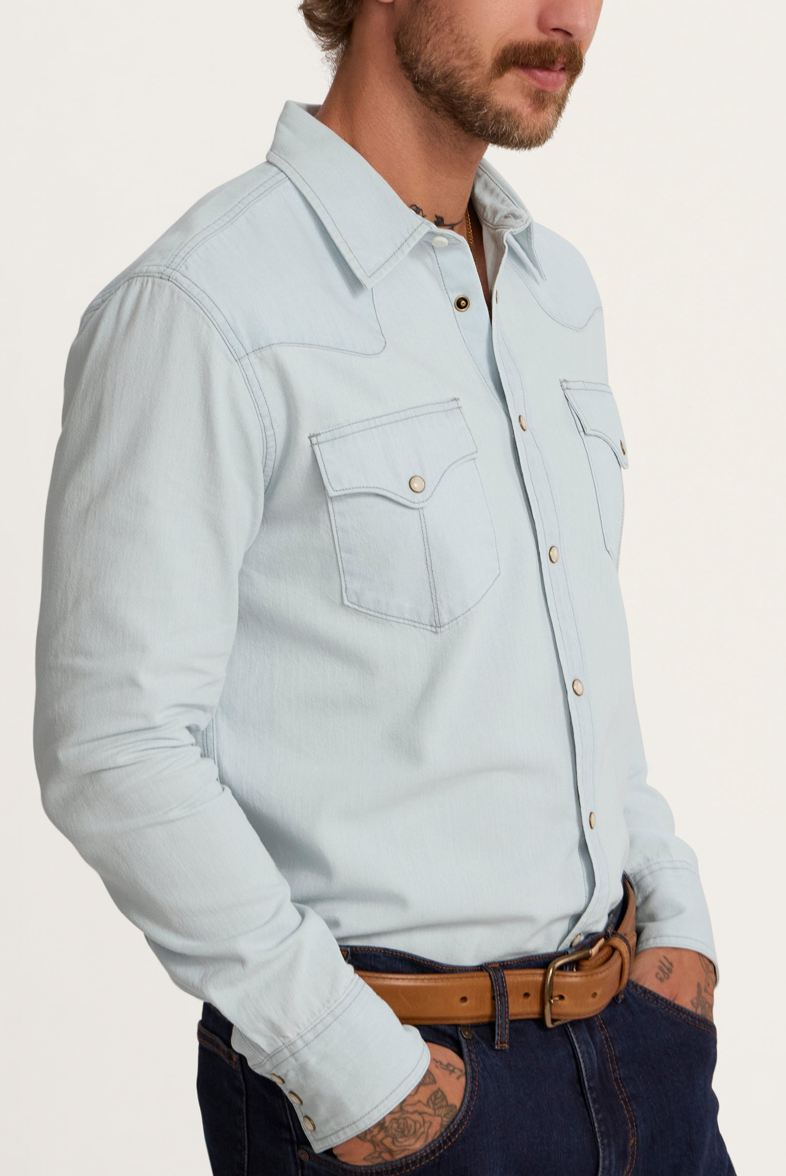 Tecovas Men's Denim Pearl Snap Top, Light Wash, Small